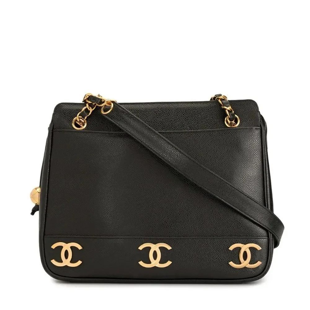 Authentic Chanel Triple CC Black/Gold Caviar Leather Chanel Shoulder Bag.